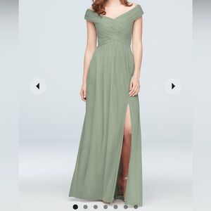 David’s Bridal Crisscross Off-the-Shoulder Mesh Dress (size 0, color:dusty sage)